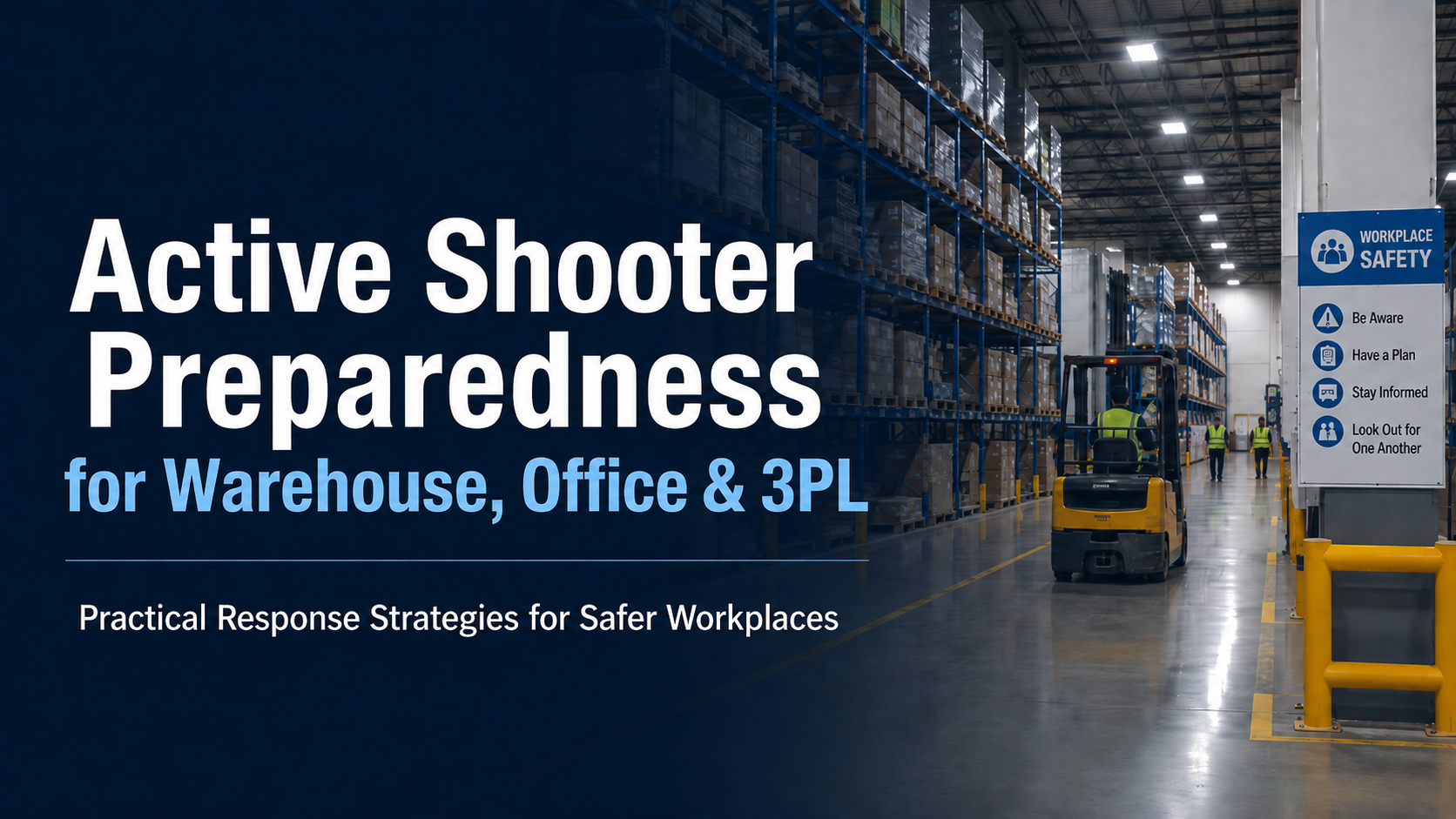 Active Shooter Preparedness for Warehouse, Office & 3PL course cover showing a distribution centre aisle